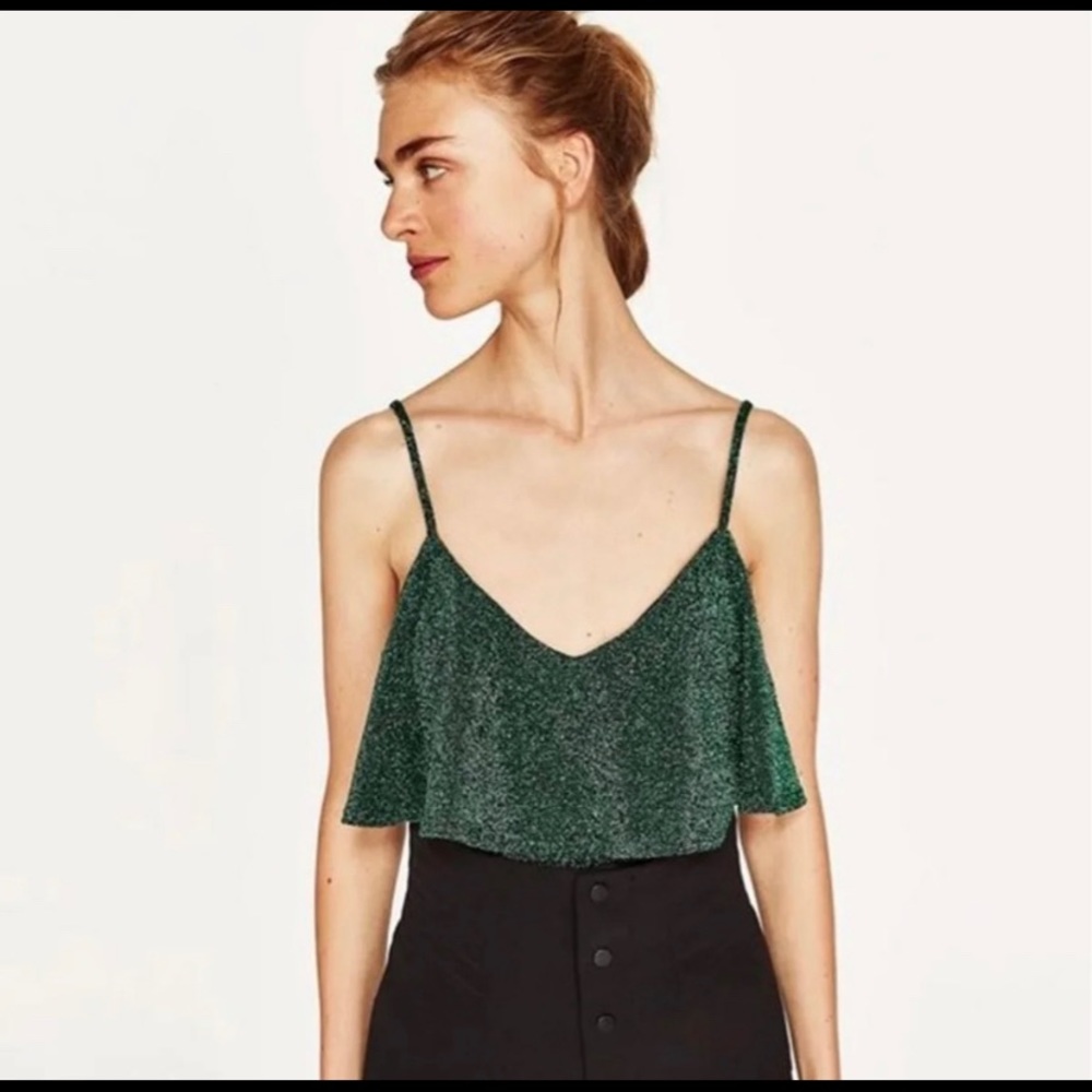 Zara green spaghetti strap sparkly bodysuit